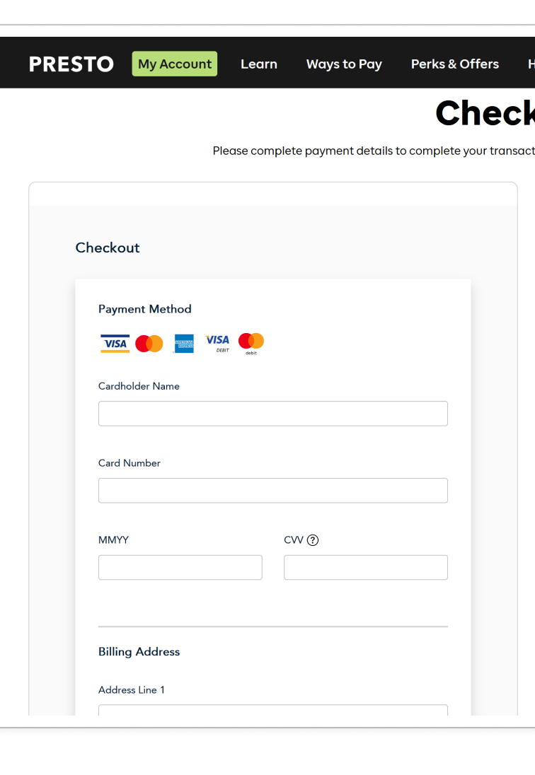 No saved payment method — screen 1